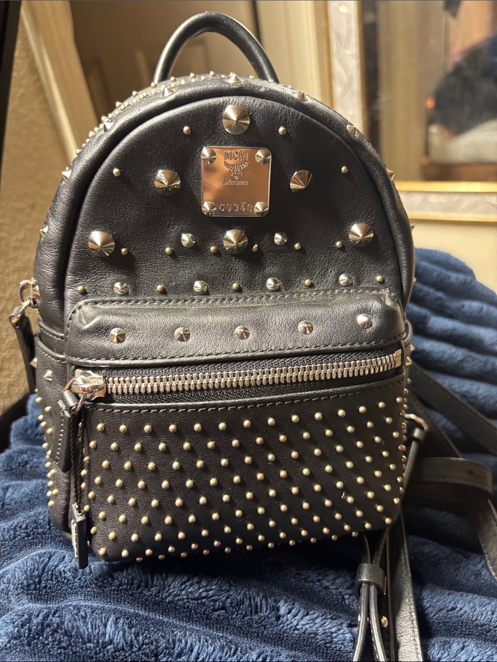 MCM Black Mini Studded Backpack with Silver Hardware